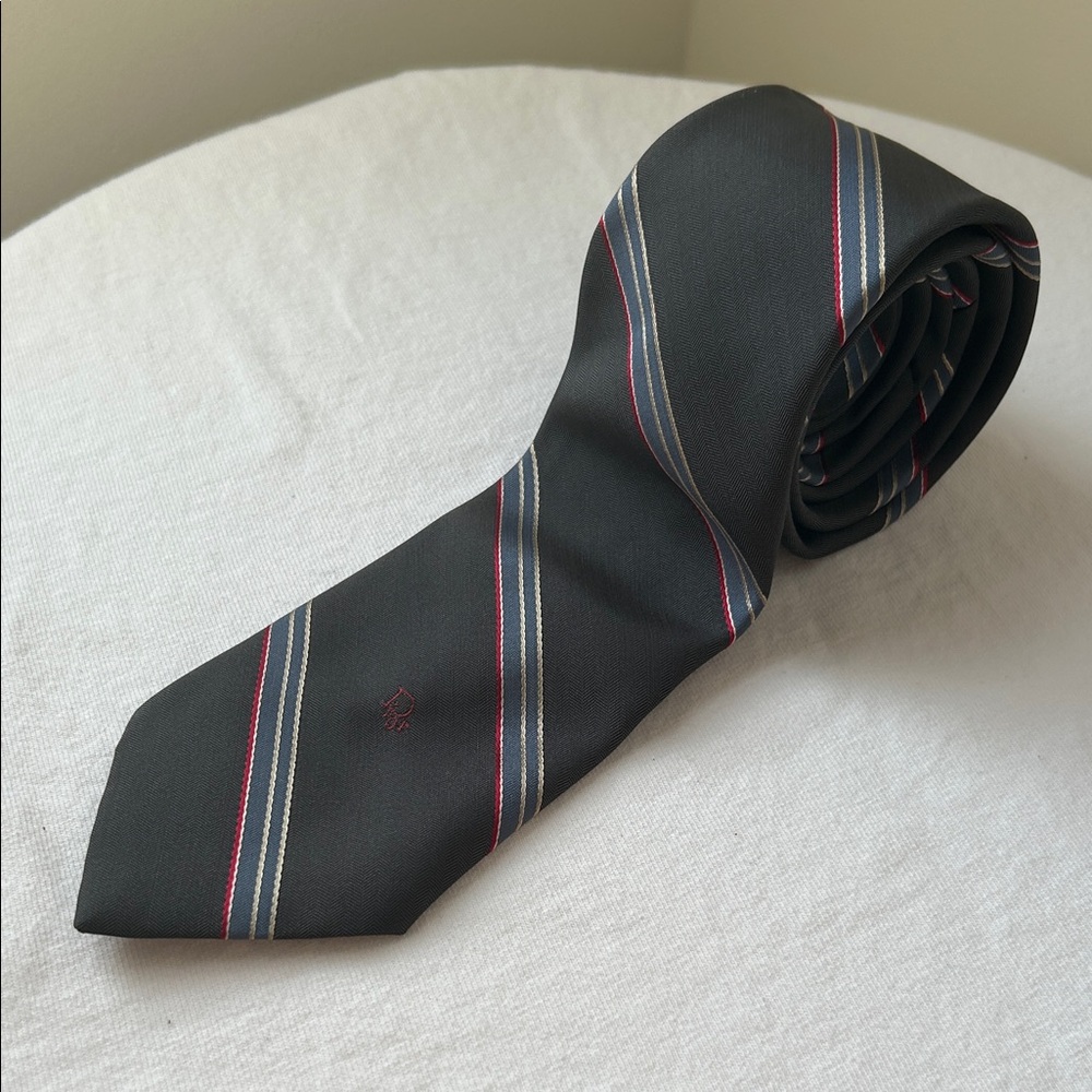 Dior Black Silk Tie with Red and Gray Stripe Accents